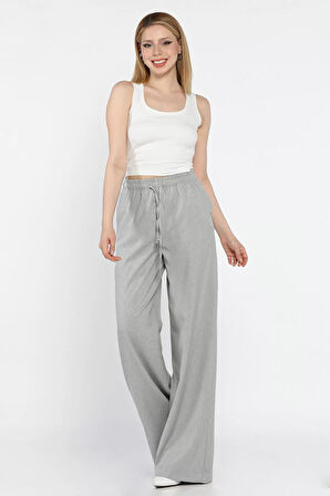 Bel Lastikli Bağcıklı Bol Paça Kadın Pantolon