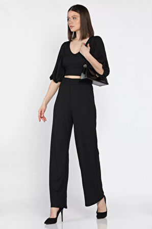 Kadın V Yaka Balon Kol Bluz Palazzo Pantolon İkili Takım