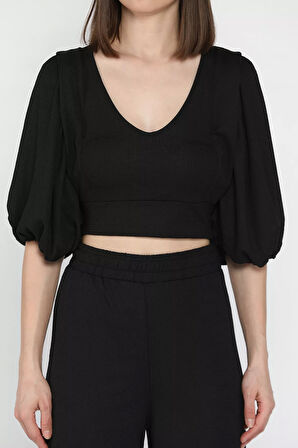 Kadın V Yaka Balon Kol Bluz Palazzo Pantolon İkili Takım