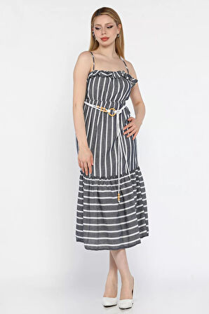 Kadın Ayarlanabilir Askılı Fırfırlı Hasır Kemerli Çizgi Desenli Elbise