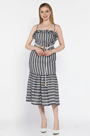 Kadın Ayarlanabilir Askılı Fırfırlı Hasır Kemerli Çizgi Desenli Elbise