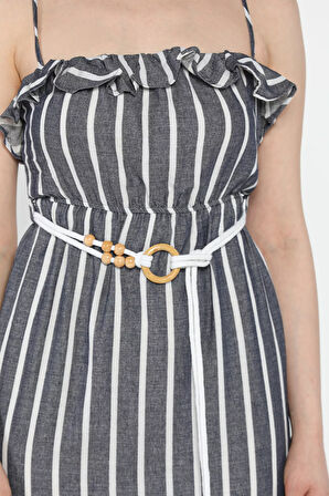 Kadın Ayarlanabilir Askılı Fırfırlı Hasır Kemerli Çizgi Desenli Elbise