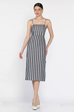 Kadın Ayarlanabilir Askılı Çizgi Desenli Yırtmaç Detaylı Elbise