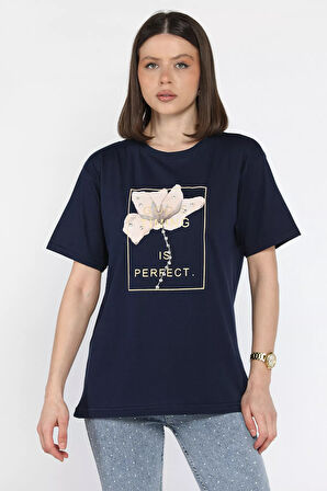 Bisiklet Yaka Taş Detaylı Baskılı Kadın Tişört