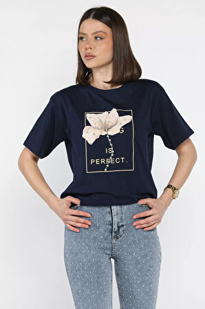 Bisiklet Yaka Taş Detaylı Baskılı Kadın Tişört