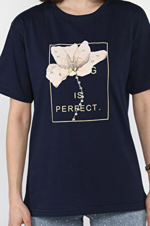 Bisiklet Yaka Taş Detaylı Baskılı Kadın Tişört