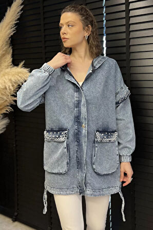 Kadın Kapüşonlu Fermuarlı Taş Detaylı Jean Kot Ceket