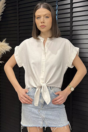 Kadın Ön Bağlamalı Duble Kol Keten Gömlek