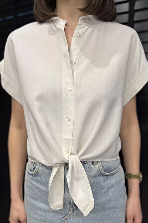Kadın Ön Bağlamalı Duble Kol Keten Gömlek