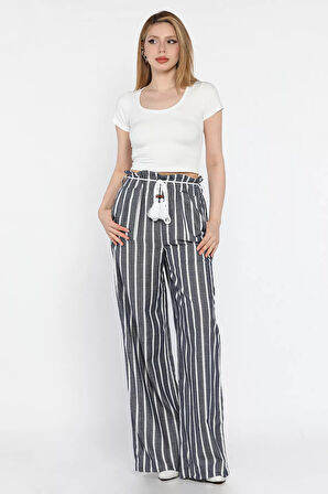 Kadın Yüksek Bel Kuşak Detaylı Çizgi Desenli Palazzo Pantolon
