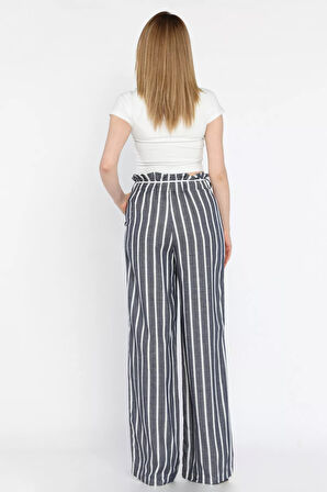 Kadın Yüksek Bel Kuşak Detaylı Çizgi Desenli Palazzo Pantolon