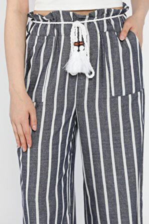 Kadın Yüksek Bel Kuşak Detaylı Çizgi Desenli Palazzo Pantolon