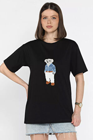 Bisiklet Yaka Aplikeli Kadın Tişört