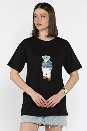 Bisiklet Yaka Aplikeli Kadın Tişört