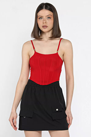 Kadın Ayarlanabilir Askılı Likralı Crop Top Bluz