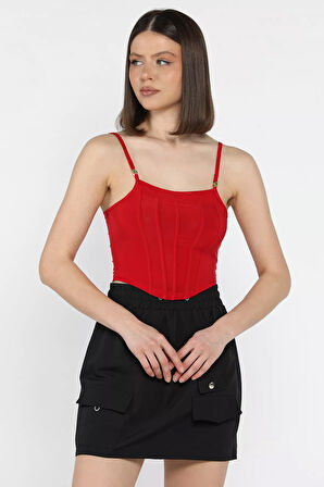 Kadın Ayarlanabilir Askılı Likralı Crop Top Bluz