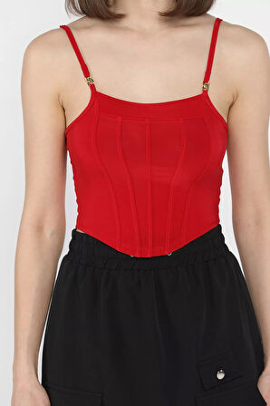 Kadın Ayarlanabilir Askılı Likralı Crop Top Bluz