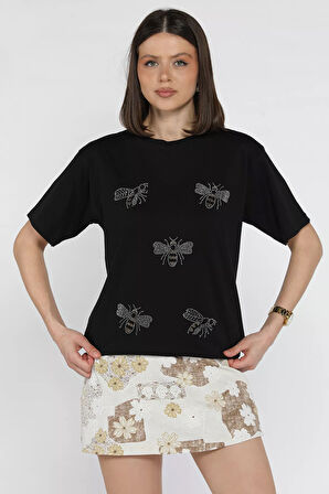 Taş İşlemeli Bisiklet Yaka Tişört