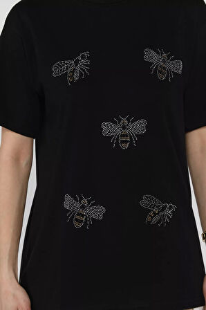 Taş İşlemeli Bisiklet Yaka Tişört