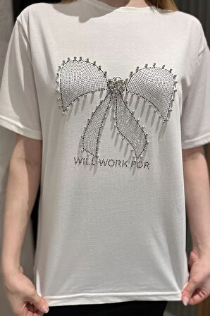 Kurdele Taşlı Bisiklet Yaka Kadın Tişört