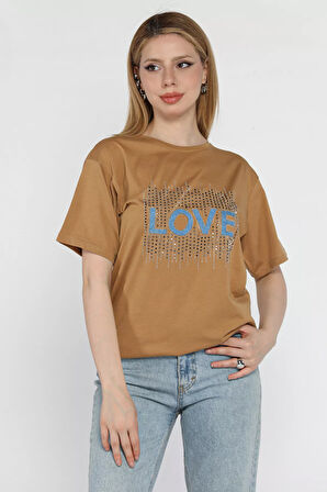 Love Taşlı Bisiklet Yaka Kadın Tişört