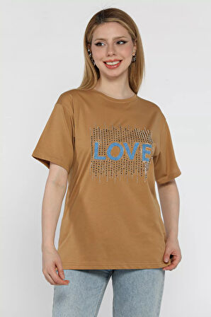 Love Taşlı Bisiklet Yaka Kadın Tişört