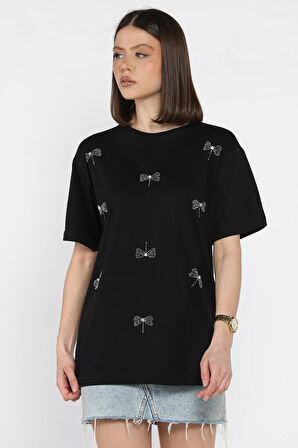 Fiyonk Taşlı Bisiklet Yaka Kadın Tişört