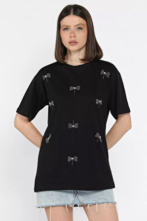 Fiyonk Taşlı Bisiklet Yaka Kadın Tişört