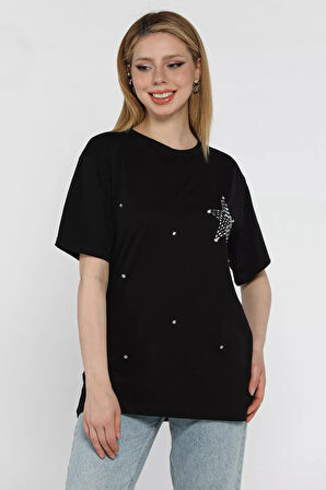 Yıldız Taşlı Bisiklet Yaka Kadın Tişört