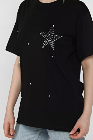 Yıldız Taşlı Bisiklet Yaka Kadın Tişört