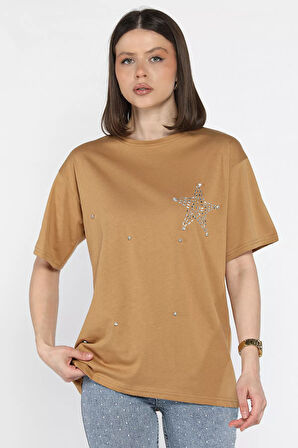 Yıldız Taşlı Bisiklet Yaka Kadın Tişört