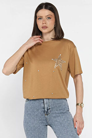 Yıldız Taşlı Bisiklet Yaka Kadın Tişört