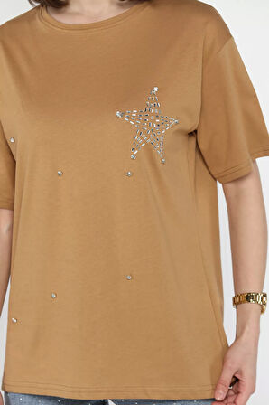 Yıldız Taşlı Bisiklet Yaka Kadın Tişört