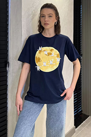 Bisiklet Yaka Taş İşlemeli Baskılı Kadın Tişört