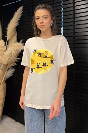 Bisiklet Yaka Taş İşlemeli Baskılı Kadın Tişört