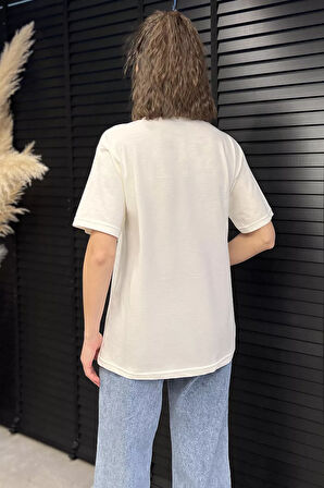 Bisiklet Yaka Taş İşlemeli Baskılı Kadın Tişört