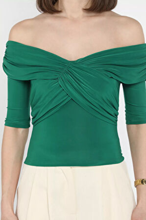 Madonna Yaka Drapeli Kadın Crop Bluz