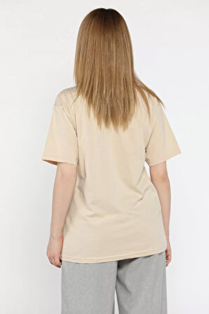 Kadın Bisiklet Yaka Taş İşlemeli Baskılı Kadın Tişört