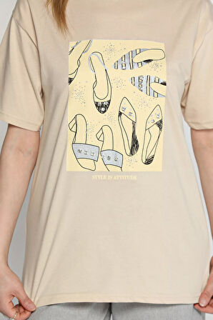 Kadın Bisiklet Yaka Taş İşlemeli Baskılı Kadın Tişört