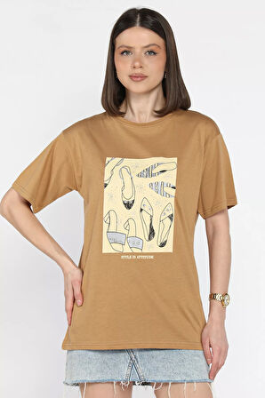 Kadın Bisiklet Yaka Taş İşlemeli Baskılı Kadın Tişört