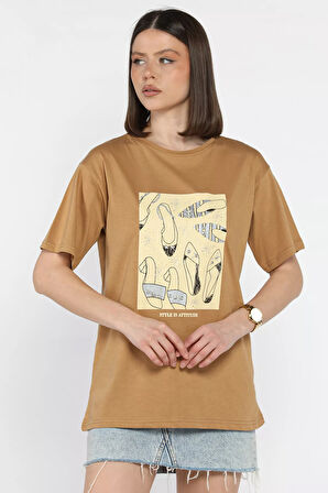 Kadın Bisiklet Yaka Taş İşlemeli Baskılı Kadın Tişört