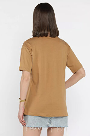 Kadın Bisiklet Yaka Taş İşlemeli Baskılı Kadın Tişört