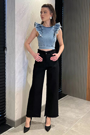 Kadın Bel Ve Paça Püsküllü Yüksek Bel Jean Kot Pantolon