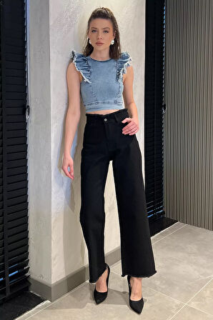 Kadın Bel Ve Paça Püsküllü Yüksek Bel Jean Kot Pantolon