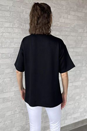 Kadın Bisiklet Yaka Kalp Nakışlı Salaş Tişört