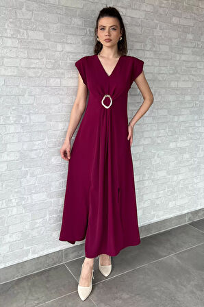 V Yaka Vatkalı Toka Detaylı Kadın Elbise