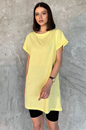 Kol Katlamalı Bisiklet Yaka Kadın Uzun Tişört (m-l-xl Uyumludur)