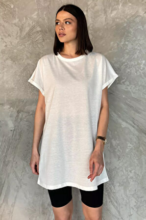 Kol Katlamalı Bisiklet Yaka Kadın Uzun Tişört (m-l-xl Uyumludur)