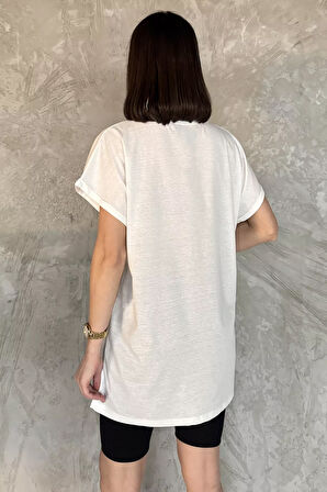 Kol Katlamalı Bisiklet Yaka Kadın Uzun Tişört (m-l-xl Uyumludur)