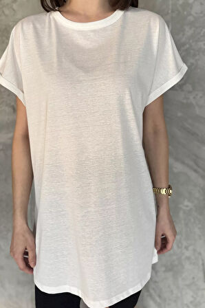 Kol Katlamalı Bisiklet Yaka Kadın Uzun Tişört (m-l-xl Uyumludur)